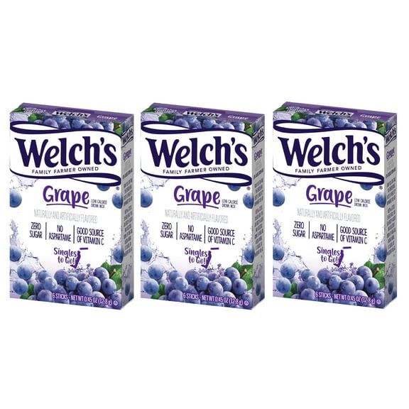 Welch,S Singles To Go Powder Drink Mix, Grape, 3 Boxes With 6 Packets Each (18 Sticks Total)
