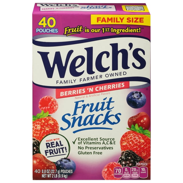 Welch’s Berries n’ Cherries Fruit Snacks 0.8oz Pouches – 40ct Box