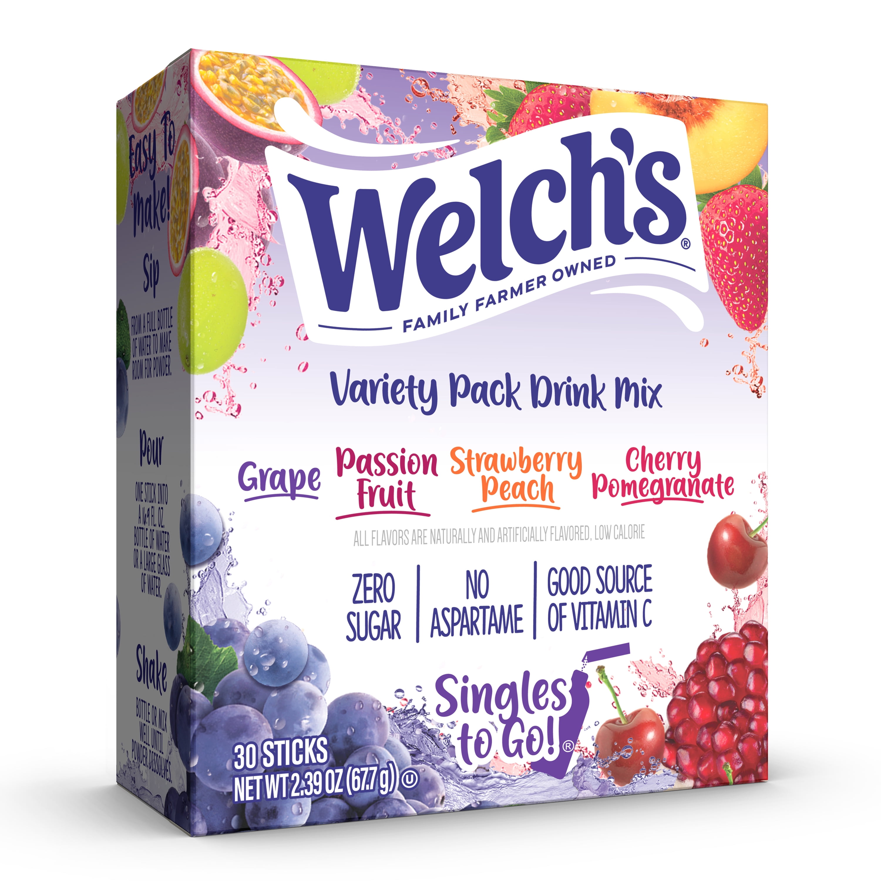 Welch's Zero Sugar Variety Pack Singles to Go Powdered Drink Mix, Grape, Passion Fruit, Strawberry Peach, Cherry Pomegranate, 30 Count Packets