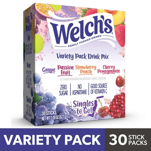 Welch's Zero Sugar Variety Pack Singles to Go Powdered Drink Mix, Grape, Passion Fruit, Strawberry Peach, Cherry Pomegranate, 30 Count Packets