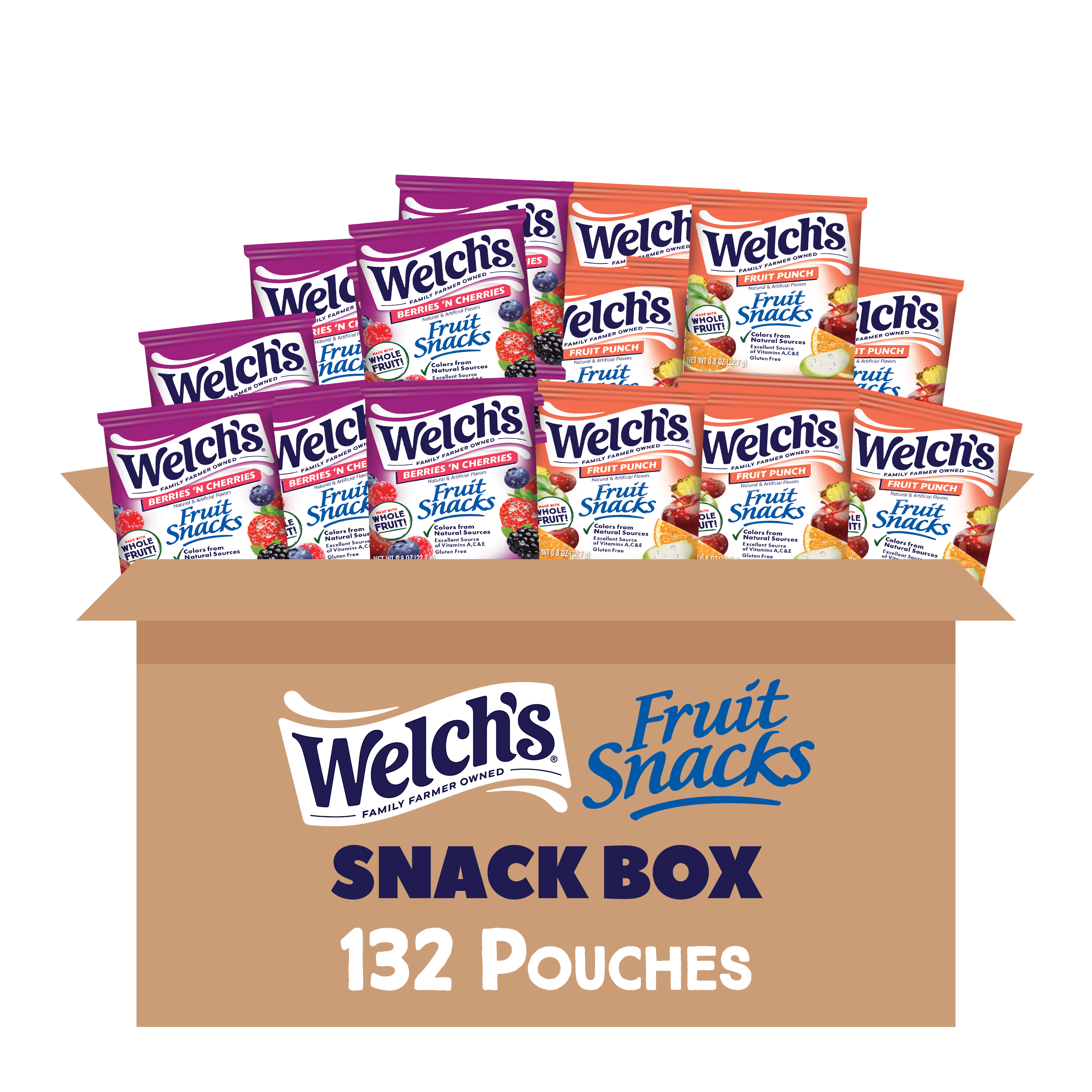 Welch's Fruit Snacks Gluten-Free Fruit Punch & Berries 'N Cherries Soft Fruit Snacks for Stocking Stuffers, .8 oz (132 pack)
