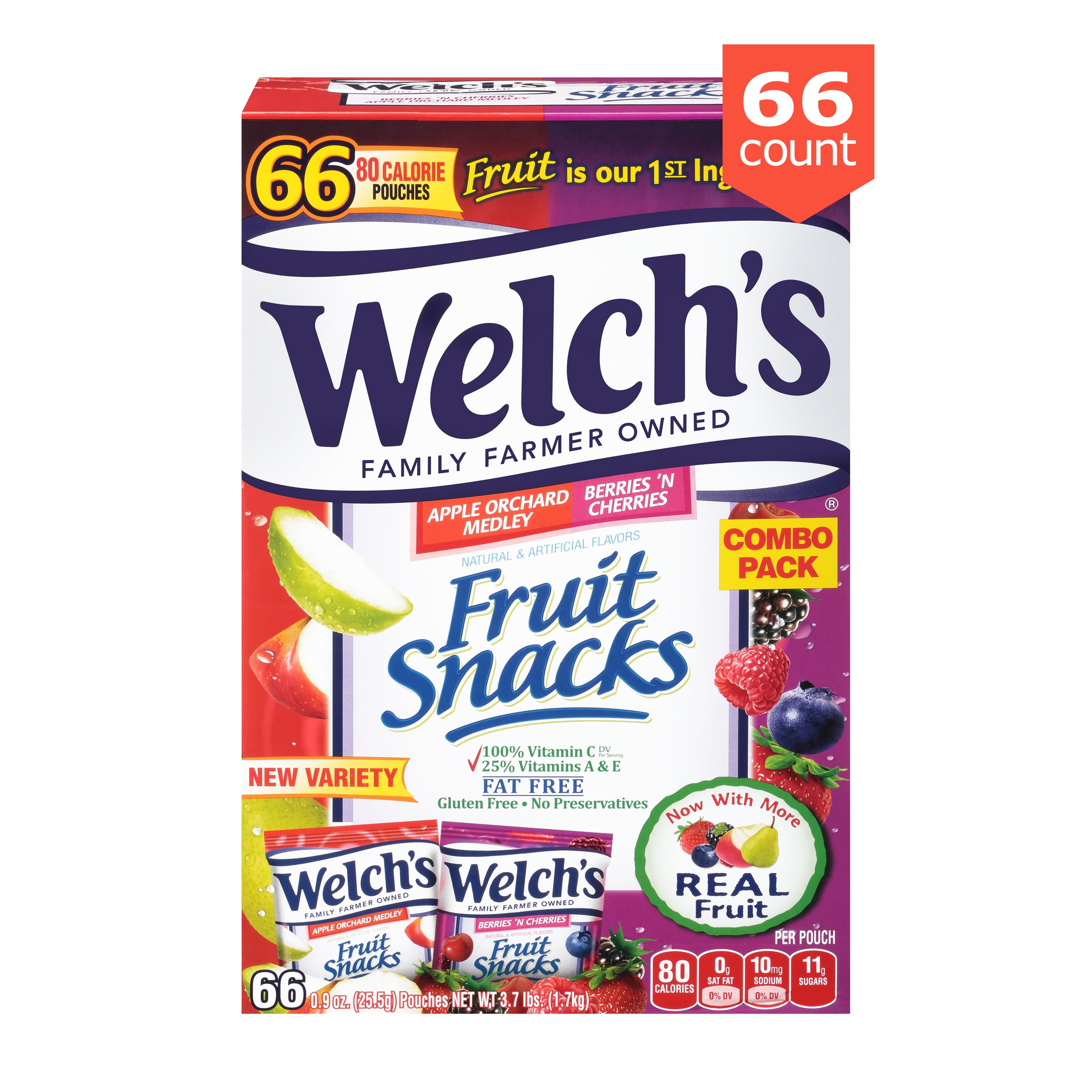 Welch's Fruit Snacks, Apple Orchard & Berries N' Cherries, 66 ct, 0.9 oz