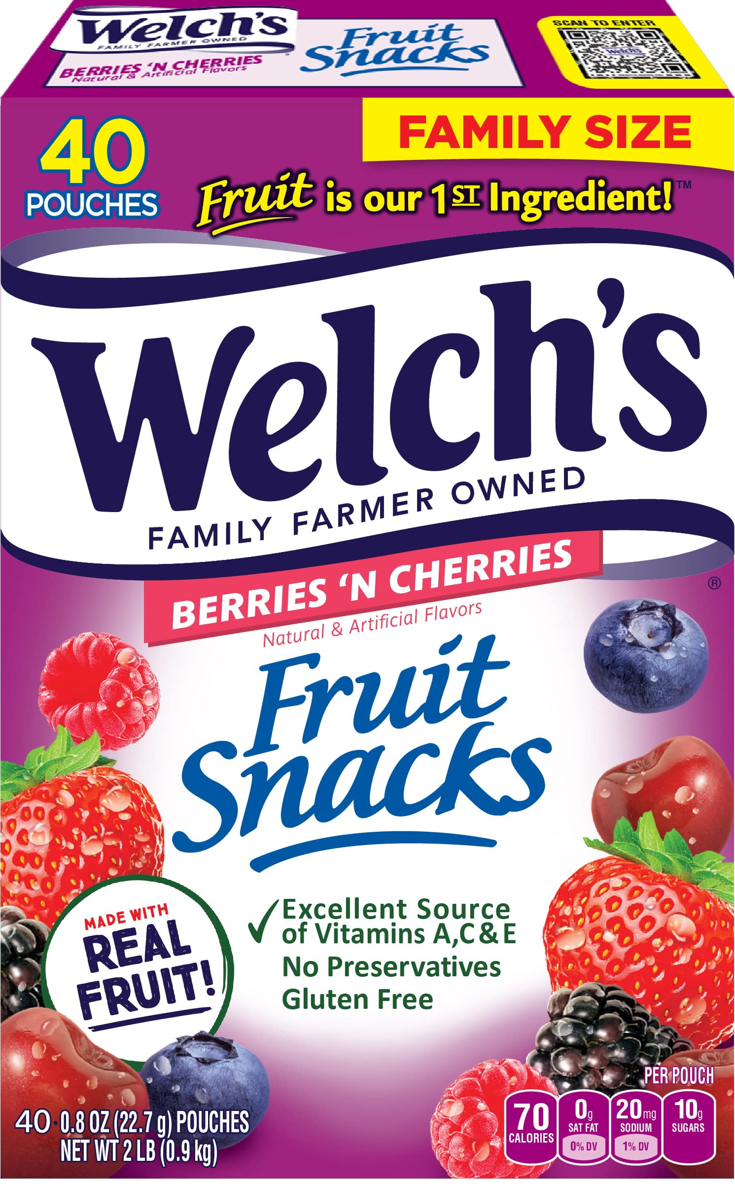Welch's Fruit Snacks, Berries TI12&nbsp;'n Cherries, Great Valentines Day Gifts for Kids, Gluten Free, Bulk Pack, Individual Single Serve Bags, 0.8 oz (Pack of 40)
