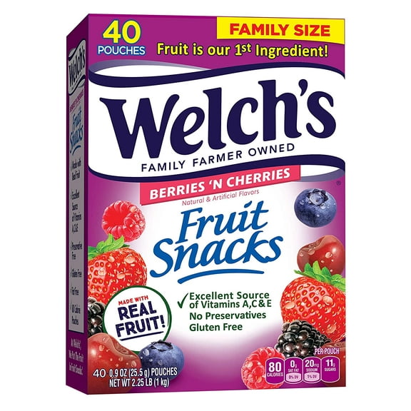 Welch's Fruit Snacks, Berries 'n Cherries, Gluten Free, Bulk Pack, 0.9 oz Individual Single Serve Bags (Pack of 40)