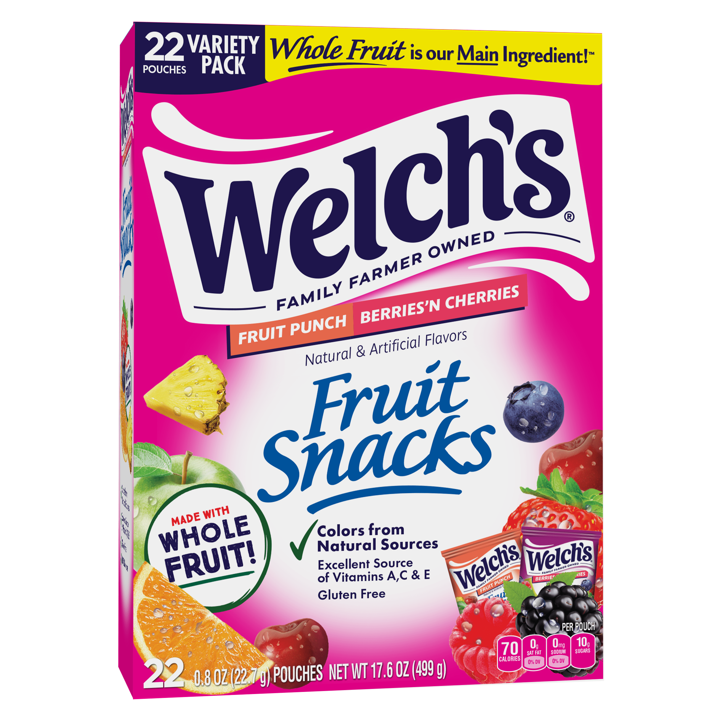 Welch's Fruit Snacks Gluten-Free Fruit Punch & Berries 'N Cherries Soft Fruit Snacks for Stocking Stuffers, .8 oz, 22 Count