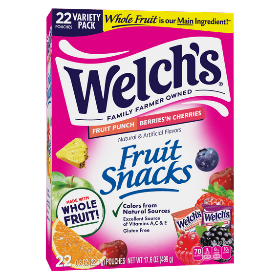 Welch's Fruit Snacks Gluten-Free Fruit Punch & Berries 'N Cherries Soft Fruit Snacks, .8 oz, 22 Count