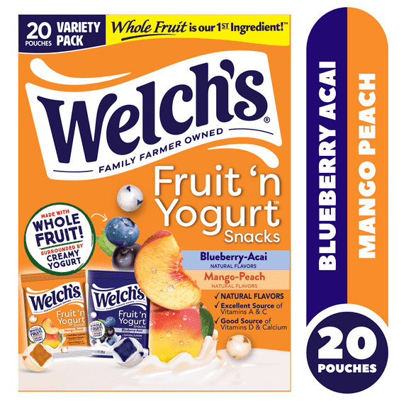 Welch's Fruit Snacks, Fruit 'n Yogurt Blueberry-Acai & Mango-Peach, 0.7oz, 20 Count ( 2 pack of 20 count)