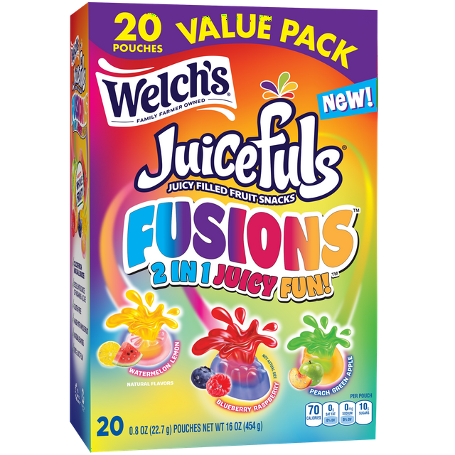 Welch's Fruit Snacks Juicefuls Fusions, 40 Count Snack Box  0.8oz Snack Packs, 2-in-1 Juicy Fruit Snacks, Gluten Free, Natural Colors & Flavors
