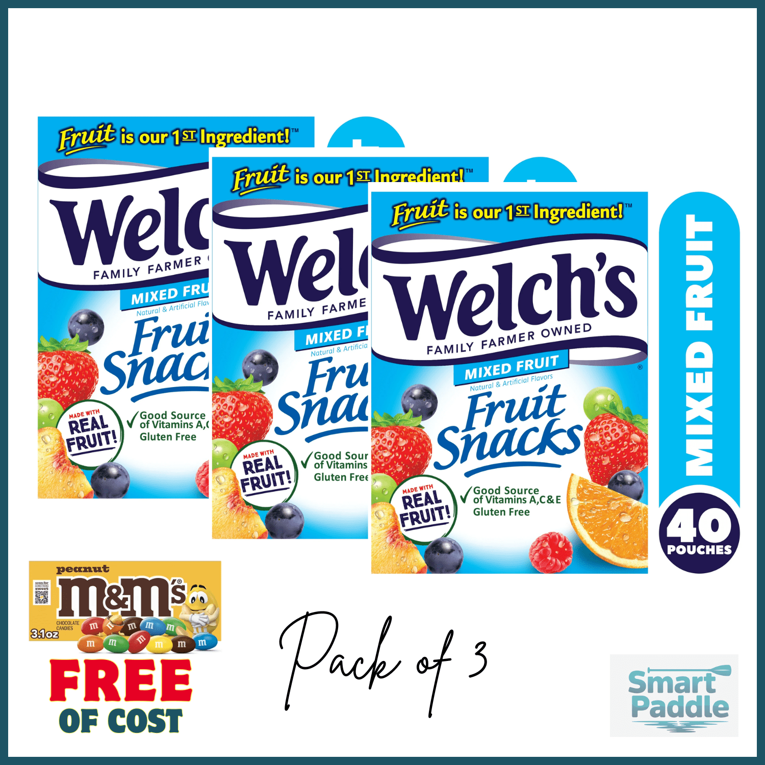 Welch's Fruit Snacks, Mixed Fruit, 0.8 oz, 40 Count Pack of 3 and get 1 Free M&M's