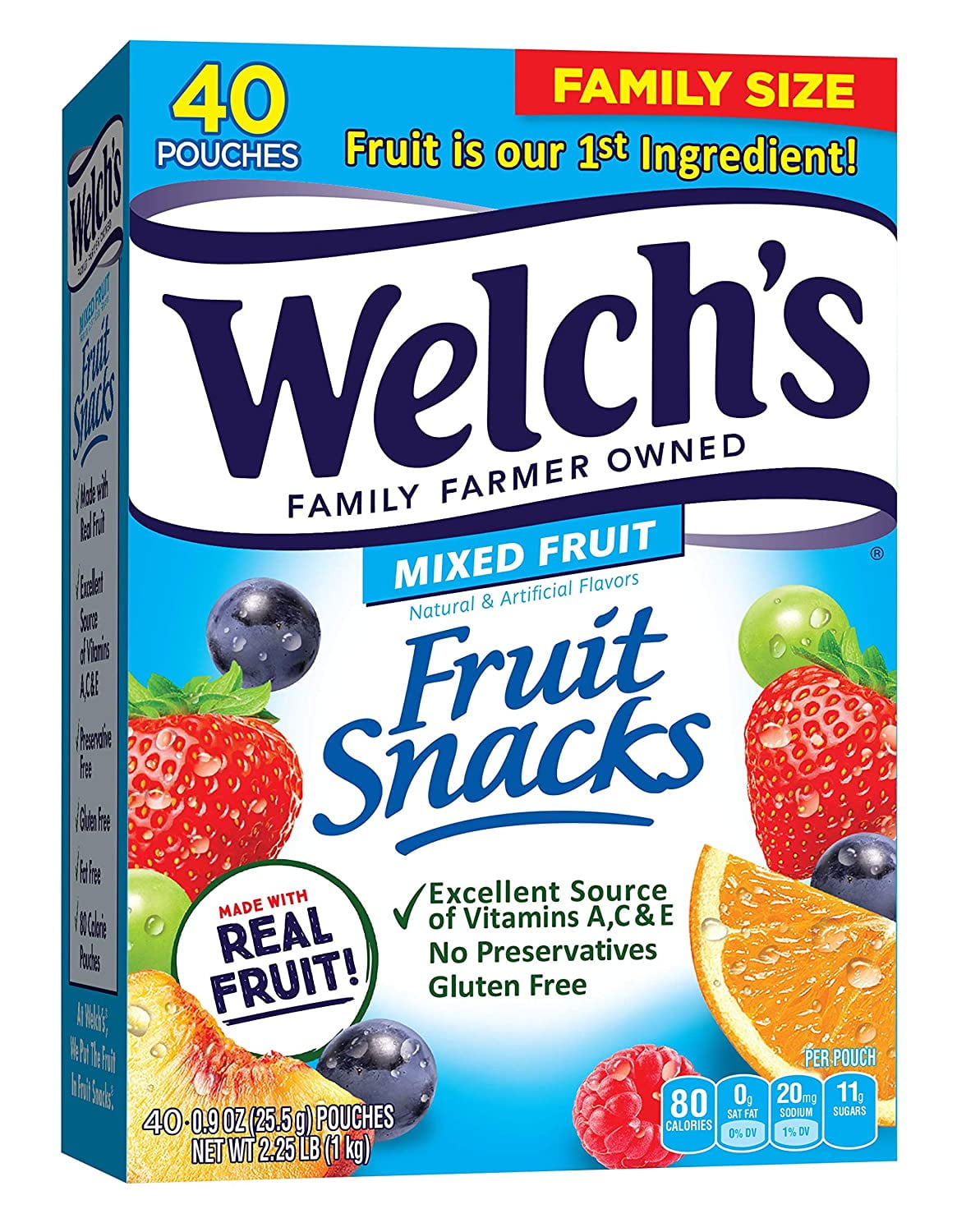 Welch's Fruit Snacks, Mixed Fruit, Gluten Free, Bulk Pack, 0.9 oz Individual Single Serve Bags (Pack of 40)