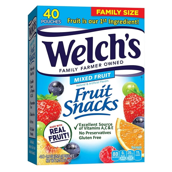 Welch's Fruit Snacks, Mixed Fruit, Gluten Free, Bulk Pack, 0.9 oz Individual Single Serve Bags (Pack of 40)