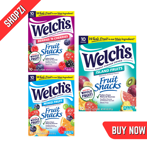 Welchs Fruit Snacks Variety Pack, 12 Count (10 Pouches per Box, Mixed Fruit, Berries N Cherries, Island Fruits), GlutenFree Snack Made with Real Fruit