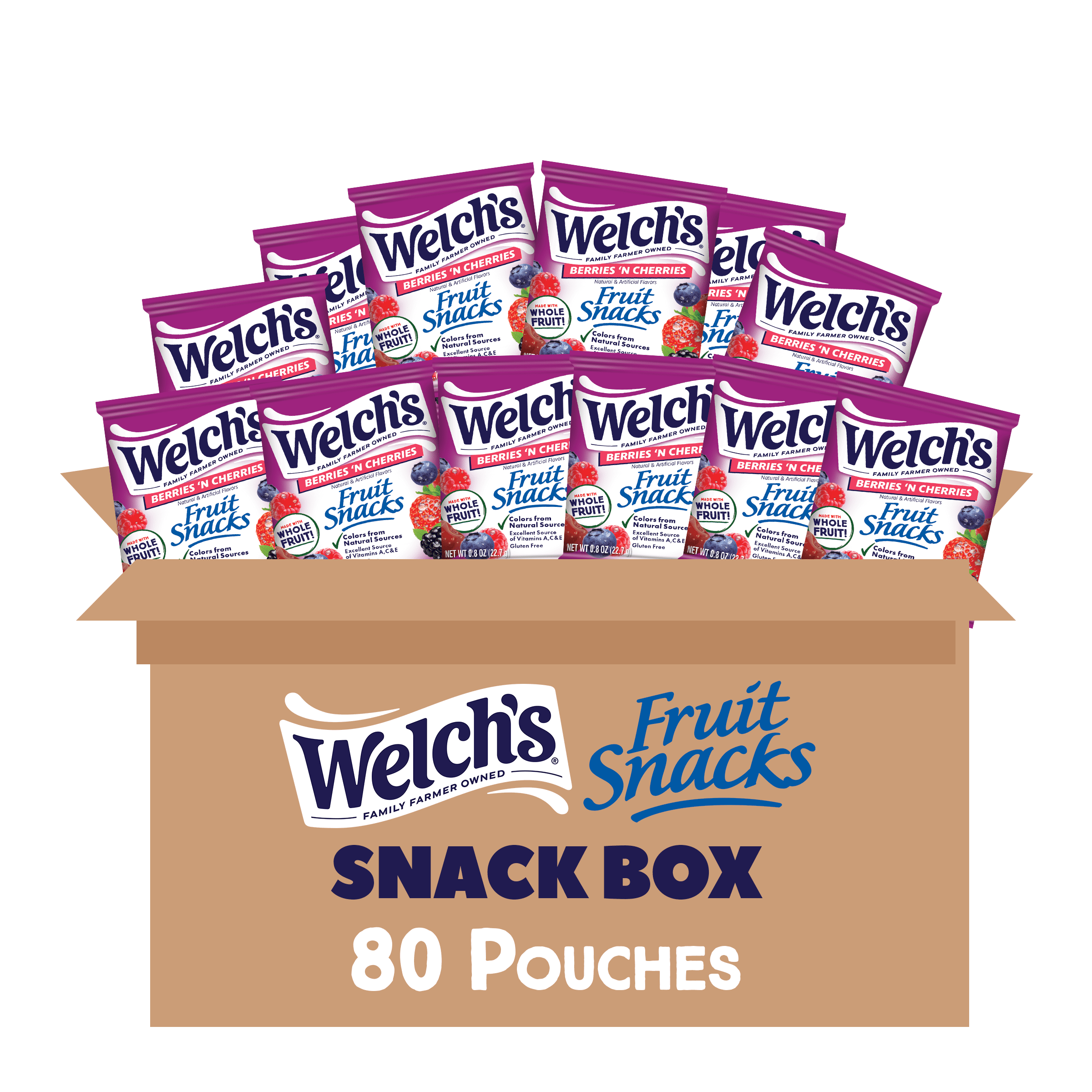 Welch's Fruit Snacks Gluten-Free Berries 'N Cherries Soft Fruit Snacks for Stocking Stuffers, .8 oz (80 pack)
