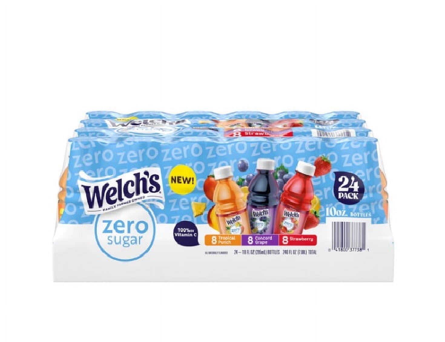 Welch's Zero Sugar Drink Variety Pack, Tropical Punch / Strawberry / Concord Grape, 10 fl oz On-the-Go Bottle (Pack of 24)