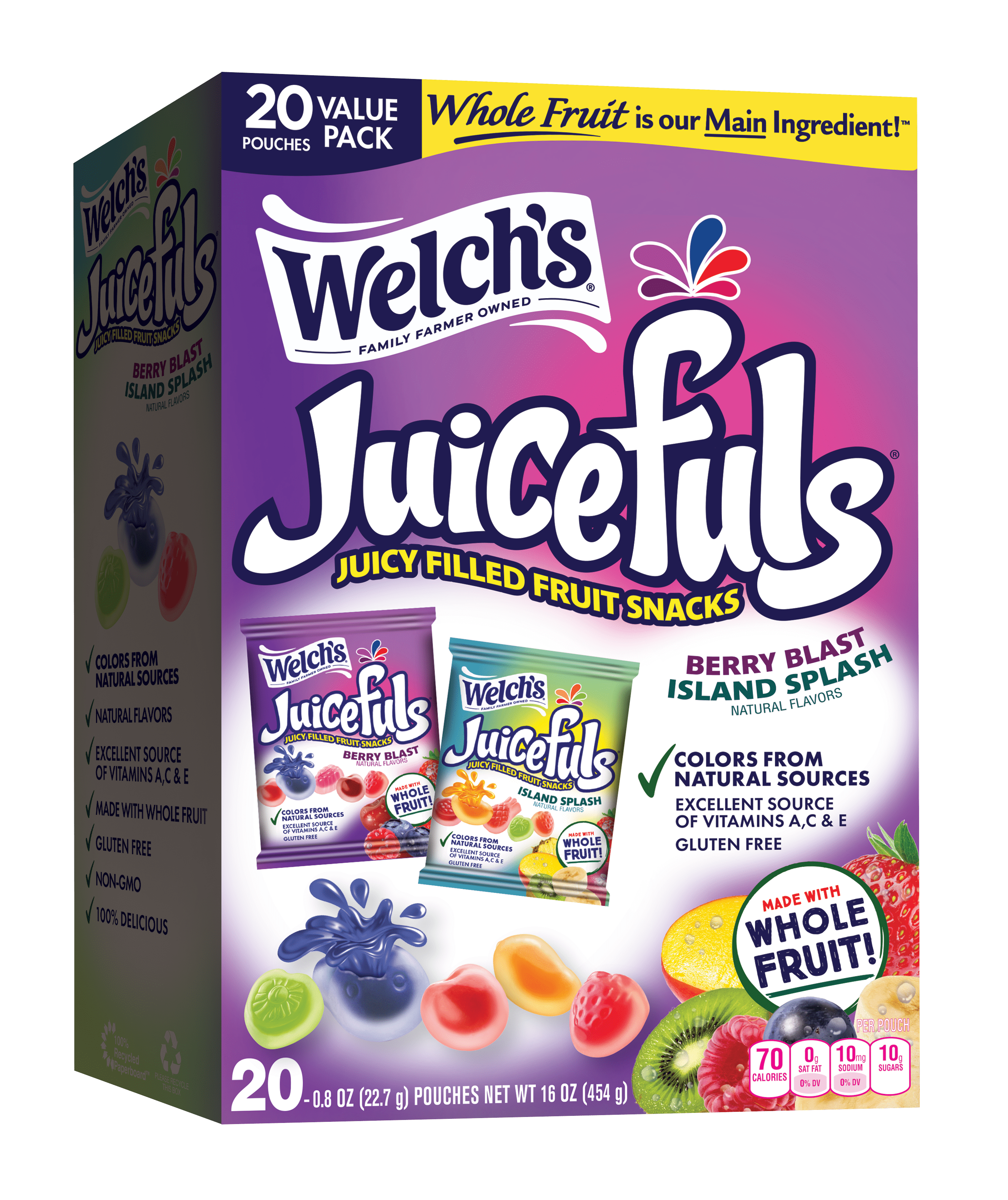 Welch's Fruit Snacks, Juicefuls Berry Blast and Island Splash, 20 Count Snack Box, 0.8 oz Snack Packs