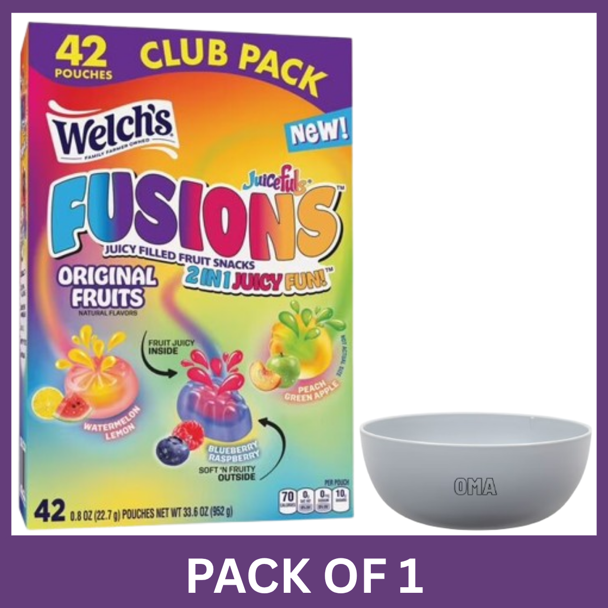 Welch’s Juicefuls Fusions Fruit Snacks, 0.8 oz 42 pk Pack of 1 with Serving Bowl by OMA