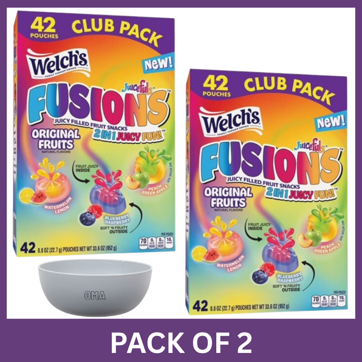 Welch’s Juicefuls Fusions Fruit Snacks, 0.8 oz 42 pk Pack of 2 with Serving Bowl by OMA