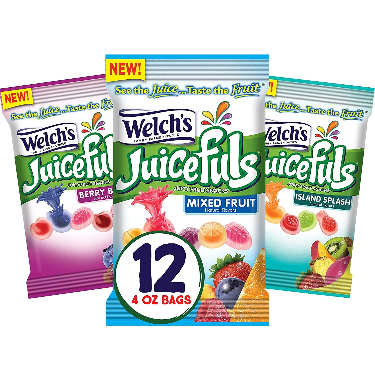 Welch's Juicefuls Juicy Fruit Snacks, Mixed Fruit, Berry Blast & Island Splash Fruit Gushers Variety Pack, Gluten Free, 4 oz Individual Single Serve Bags (Pack of 12)