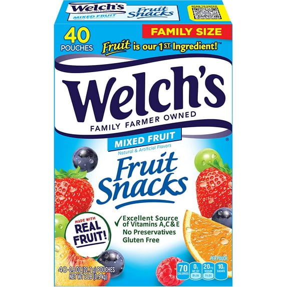 Welch's Fruit Snacks, Mixed BDF6 Fruit, Perfect Halloween Candy Bulk Pack, Gluten Free, Individual Single Serve Bags, 0.8 oz (Pack of 40)