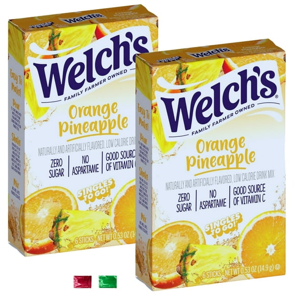 Welchs Orange Pineapple Singles Drink Mix, 12 Total Servings 2 Boxes, Sugar-Free Powdered Beverage Low-Calorie Water Hydration Packets for Sports Travel w/ 2 Snoep in Beperkte Oplage