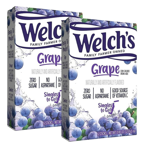 Welch's Singles to Go Powder Drink Mix Zero Sugar, Low-Calorie No Aspartame Grape Flavored On The Go Water Enhancer Mix Packets for Lunch Picnics Outdoor Beverages 2 Boxes (12 Servings)