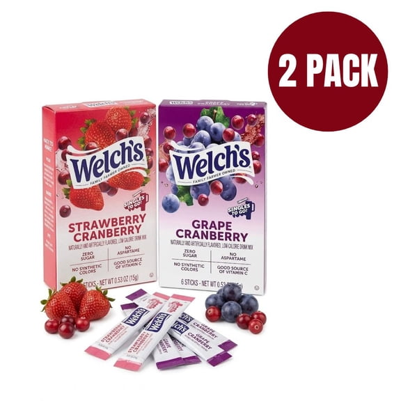 Welch's Singles To Go Variety Pack, Strawberry Cranberry & Grape Cranberry 2 Boxes (12 Total Servings) Aspartame Free, Sugar-Free Water Flavoring Powder Sticks
