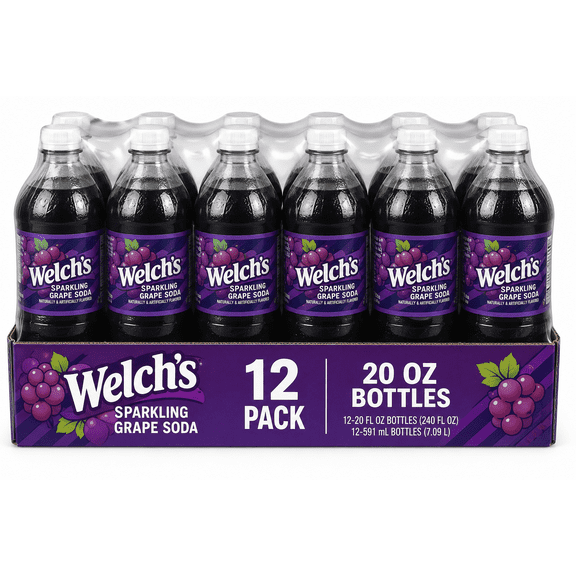 Welch's Sparkling Grape Soda, Fruit Flavored Carbonated Soft Drink, Refreshing Grape Soda Beverage, 20 fl oz Bottles, 12 Pack