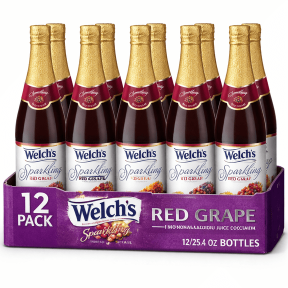 Welch's Sparkling Red Grape Juice Cocktail Non-Alcoholic, 25.4 fl oz Glass Bottles, 12 Pack