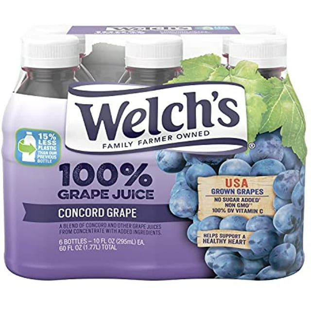 Welch's Concord Grape 100 Juice, No Sugar Added, Small Grocery Individual 10 Ounce Bottles