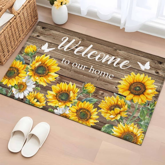 Welcome to 2'x3' Rug for Entryway Front Door Kitchen Sink Area, Our Home Wood Grain Farmhouse Sunflowers Butterfly Low Pile Non Slip Rectangle Area Rug, Machine Washable Indoor Outdoor Mat