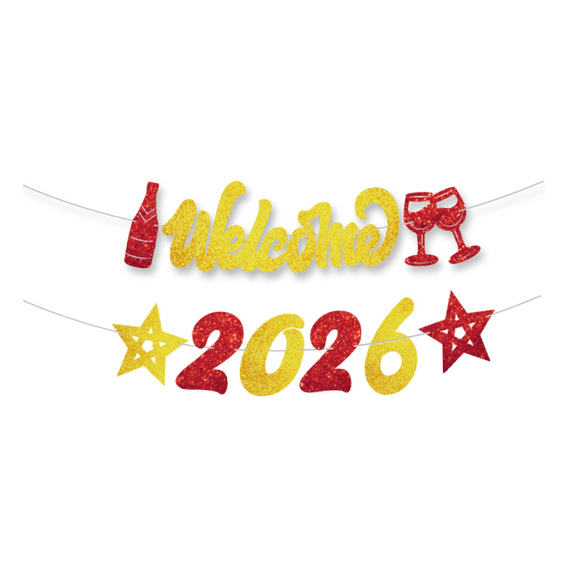 Welcome 2026 New Year Banner, Gold and Red Glitter, Party Decoration with Stars and Champagne Accents
