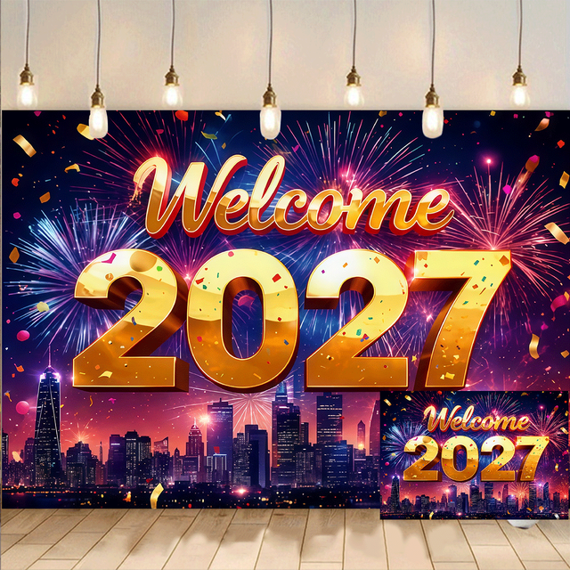 Tech Background With Building Welcome 2027 New Year Fireworks Party Backdrop Background Banner ...