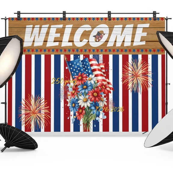 Welcome 250th Anniversary Backdrops for Photography, American Flag Daisy Fireworks Fabric Photo Background Sturdy Studio Props for Photo Studio, Video Recording, Booth & Photoshoot 10x8ft