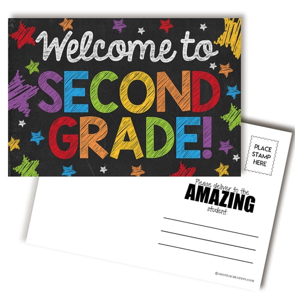 Welcome To 2nd Grade Chalkboard Themed Blank Postcards For Teachers To Send To Students, 30 Pack 4x6 Back to School Postcards, Mailable with Postcard Stamp, Made in USA, Amanda Creation