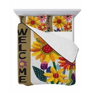 Welcome 3 Piece Quilt Set Full Size, Spring Yellow Pink Dots Floral White Linen Texture Soft Bedspread Coverlet Bedding Set Microfiber Lightweight Comforter Set with 2 Pillowcases for Bedroom