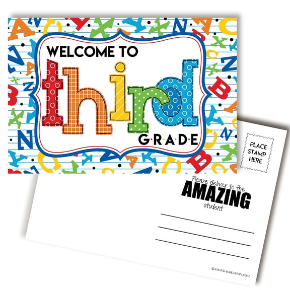 Welcome To 3rd Grade Alphabet Themed Blank Postcards For Teachers To Send To Students, 30 Pack 4x6 Back to School Postcards, Mailable with Postcard Stamp, Made in USA, Amanda Creation