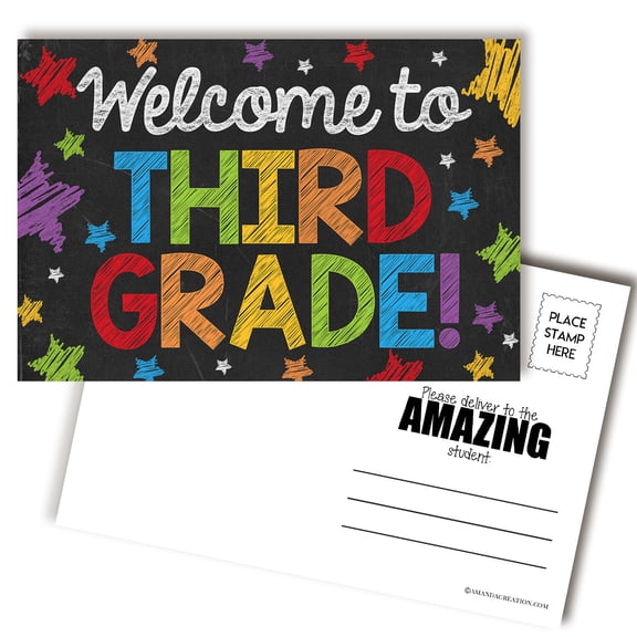 Welcome To 3rd Grade Chalkboard Themed Blank Postcards For Teachers To Send To Students, 30 Pack 4x6 Back to School Postcards, Mailable with Postcard Stamp, Made in USA, Amanda Creation