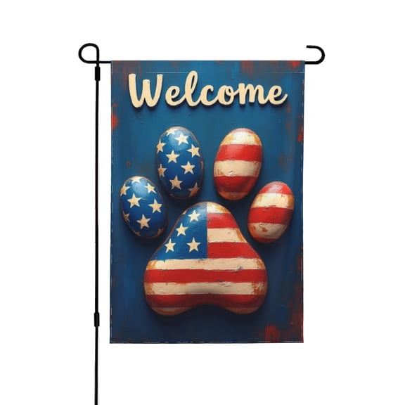 Welcome 4Th Of July Dog Cat Paw Print Patriotic Small Decorative Garden Flag, America Usa Stars Stripes Dark Blue Yard Lawn Outside Decor, American Outdoor Home Decoration Double Sided 12 X 18