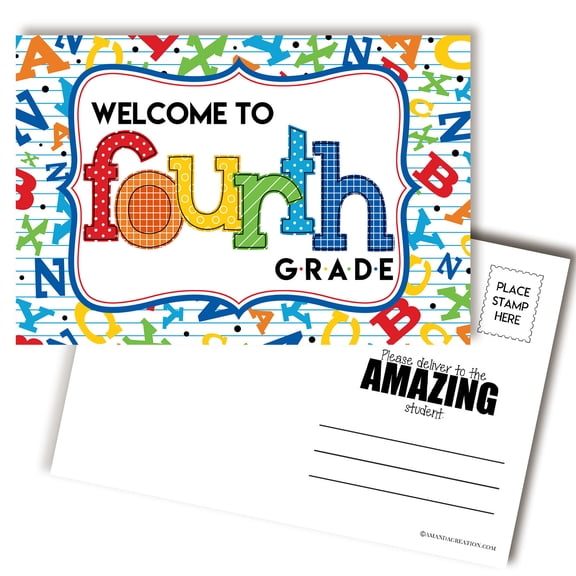 Welcome To 4th Grade Alphabet Themed Blank Postcards For Teachers To Send To Students, 30 Pack 4x6 Back to School Postcards, Mailable with Postcard Stamp, Made in USA, Amanda Creation