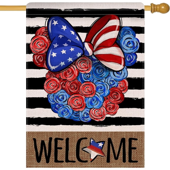 Welcome 4th of July Cartoon Mouse Patriotic Large Decorative House Flag, America Rose Flower Stripes Yard Garden Outside Decor, American USA Retro Outdoor Home Decoration Double Sided 28 x 40