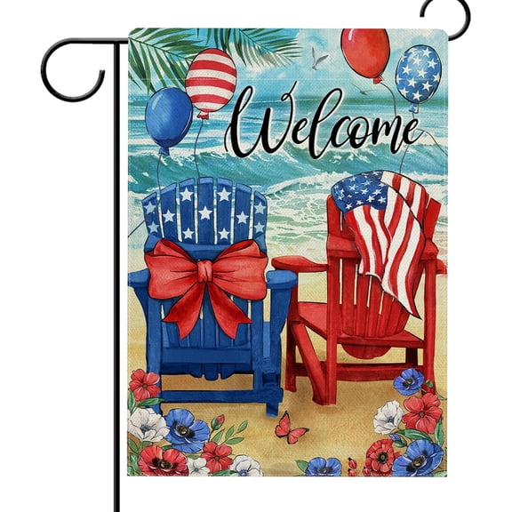 Welcome 4th of July Chair Patriotic Garden Flag Double Sided, America Beach Coastal Flower Decorative Yard Outdoor Home Small Decor, American Flag Nautical Summer Outside House Decoration 12.5x18