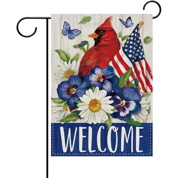 Welcome 4th of July Patriotic Cardinal Decorative Garden Flag, America Red Bird Flower Yard Outside Home Decoration, Summer American USA Farmhouse Outdoor Small Decor Double Sided 12 x 18