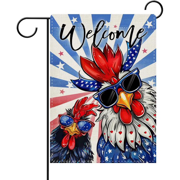 Welcome 4th of July Rooster Decorative Garden Flag, Patriotic America Farm Animal Yard Outside Home Decoration, Farmhouse American USA Burlap Outdoor Small Decor Double Sided 12 x 18