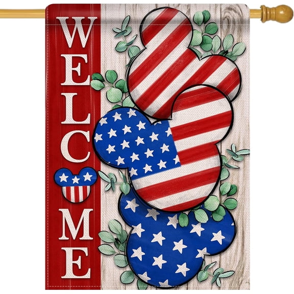 Welcome 4th of July Stars Stripes Mouse Patriotic Decorative House Flag, American USA Memorial Day Garden Yard Outside Decorations, Eucalyptus Summer Outdoor Large Home Decor Double Sided 28x40