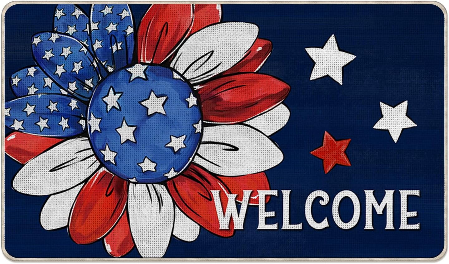 Welcome 4th of July Sunflower Patriotic Decorative Front Door Mat, America Floral Flower Doormat Indoor Outdoor Non-Slip Floor Entryway Rug, USA Stars Blue Home Kitchen Decoration 17x29 Inch