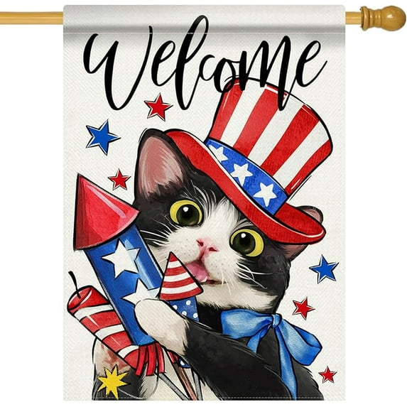 Welcome 4th of July Tuxedo Cat Patriotic Decorative Garden Flag, America Pet Firework Yard Outside Decorations Cat Lover Gifts, American USA Outdoor Small Home Decor Double Sided