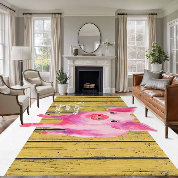 Welcome 8'x10' Large Area Rug for Living Room Sectional Sofa, Farmhouse Watercolor Pig Cute Piggy Yellow Wood Grain Non Slip Low Pile Rectangle Area Rug, Machine Washable Indoor Outdoor Mat