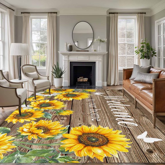 Welcome to 8'x10' Large Area Rug for Living Room Sectional Sofa, Our Home Wood Grain Farmhouse Sunflowers Butterfly Non Slip Low Pile Rectangle Area Rug, Machine Washable Indoor Outdoor Mat