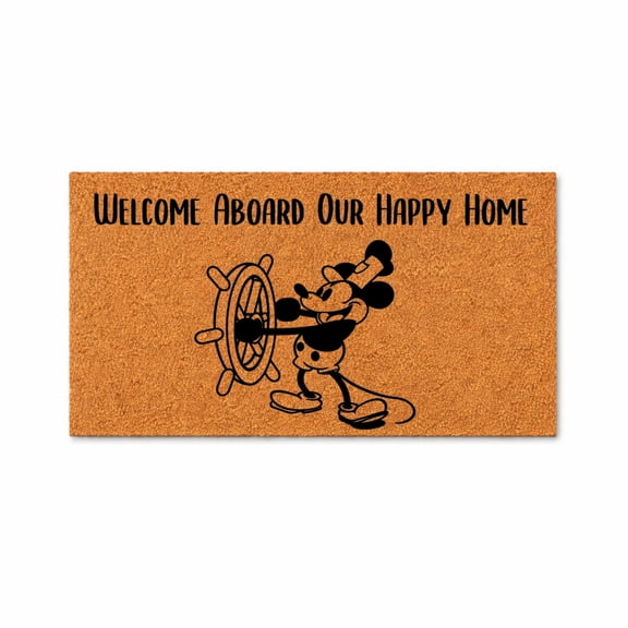 Welcome Aboard Our Happy Home Doormat, Mickey Mouse Ship Wheel Nautical Welcome Mat (24x48 inches) WoodByStu 5578