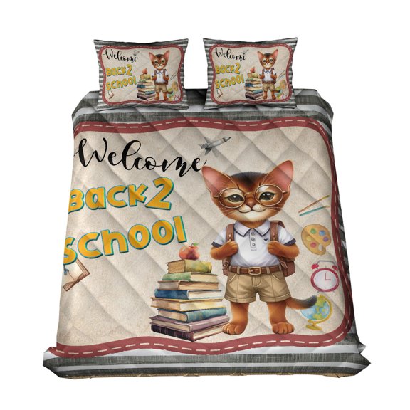Welcome Abyssinian Back to School Vintage Retro Quilt Bedding Set Cat Lover Kitten Owner Gifts 1 Blanket Bed Cover 2 Pillowcases - 02012
